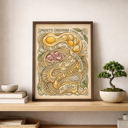 Spaghetti Carbonara Poster styled on a wooden shelf next to a small bonsai plant in a calm neutral room. The framed artwork stands upright and shows the full vintage Italian food design with flowing pasta lines and ingredient illustrations. The simple shelf styling makes it easy to picture in a kitchen, dining room or coffee corner as food wall art or Italian kitchen decor.