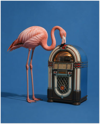 Pink Flamingo Jukebox Art Print displayed on Premium Paper (170 GSM) 20x25 cm / 8x10″