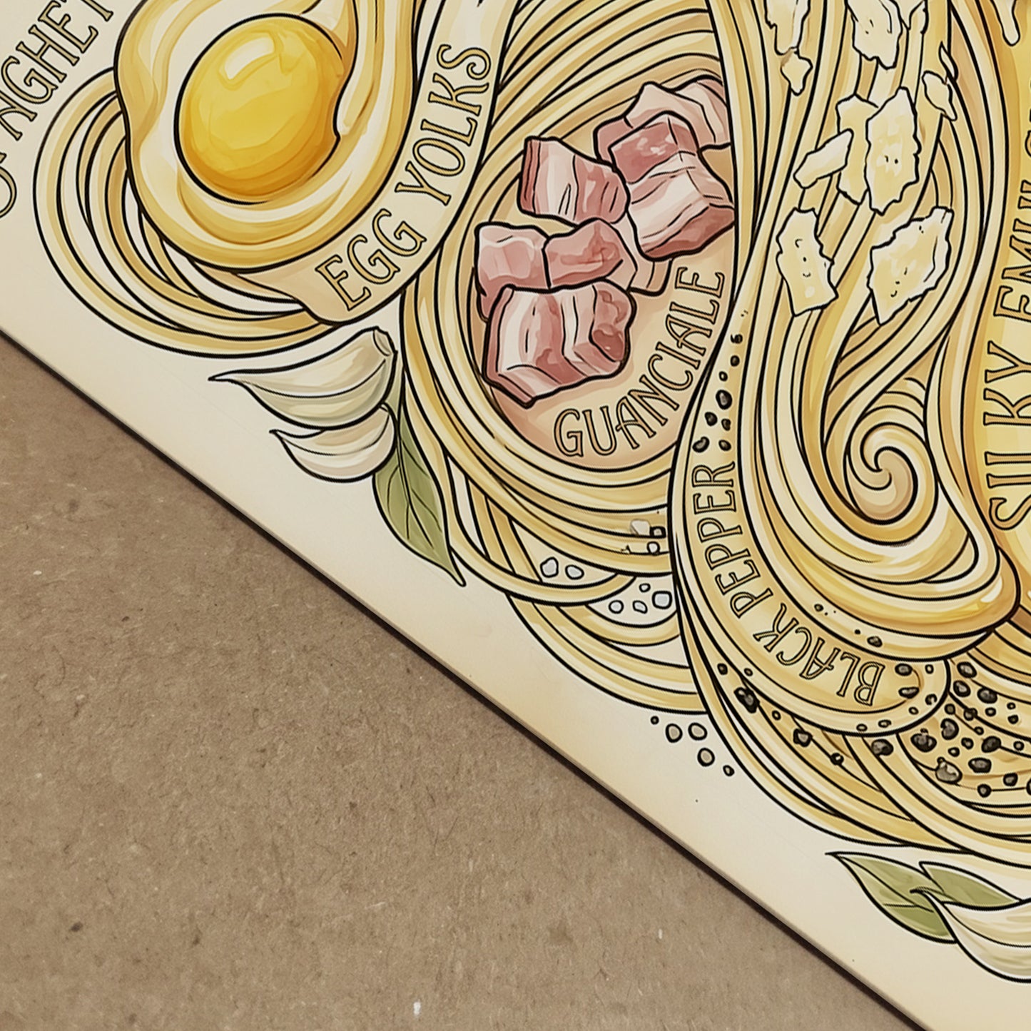Close-up angled photo of the Spaghetti Carbonara Poster showing the paper surface, print detail and edge against a textured background. The crop focuses on part of the beige artwork with spaghetti lines, ingredient shapes and fine hand-drawn linework. This image helps show print quality, colour depth and finish for anyone looking at a pasta print, carbonara print or Italian recipe poster.