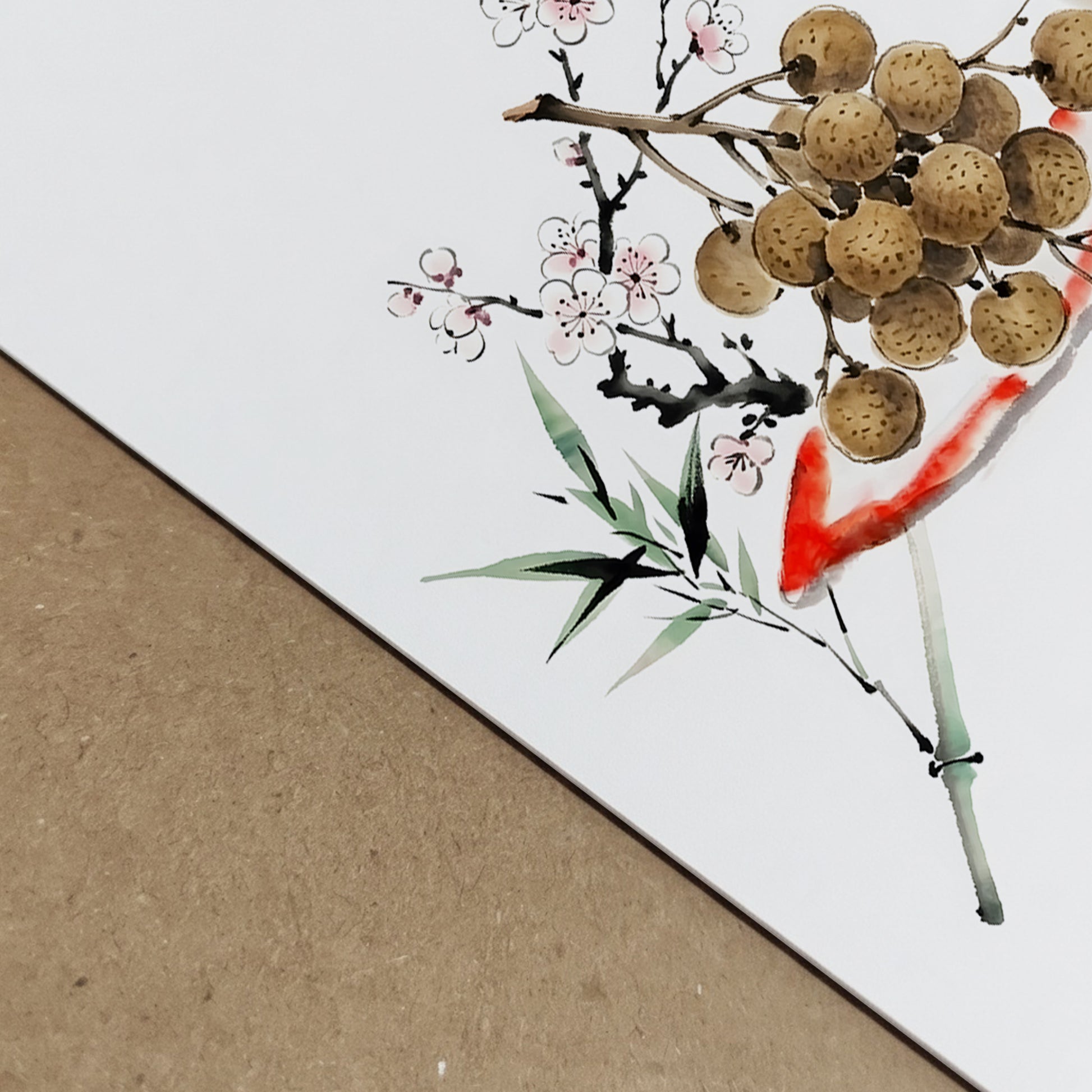 Close-up view of a minimalist Thai longan watercolour print, showing the brown fruit cluster, green bamboo-style leaves, red brush accent, soft blossom details and black longan lettering. The angled crop highlights the texture and detail of this Southeast Asia inspired fruit wall art poster.