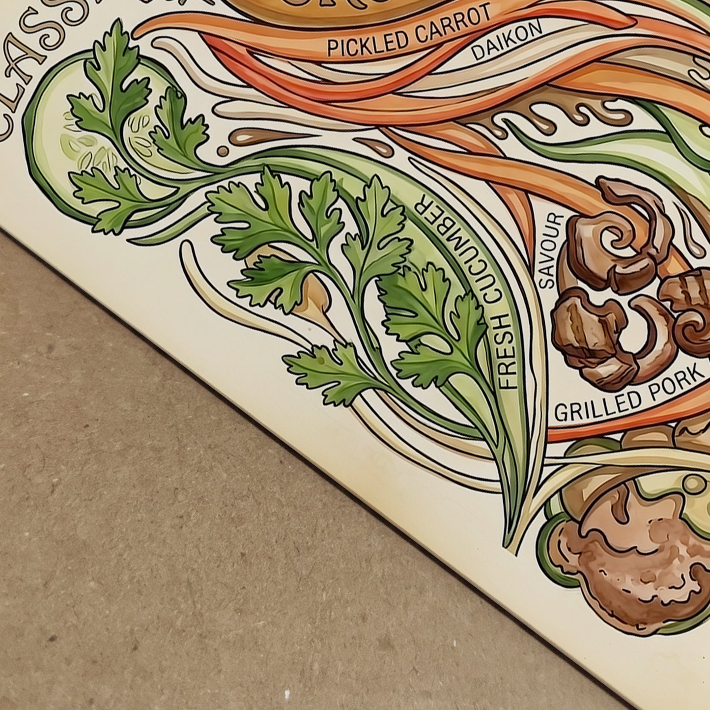 Close-up view of the Banh Mi art print showing the printed detail, paper texture and illustrated Vietnamese sandwich ingredients. The vintage recipe poster includes flowing lines, coriander, cucumber, pickled vegetables, grilled pork and baguette artwork, ideal for showing the quality and detail of the food wall art.
