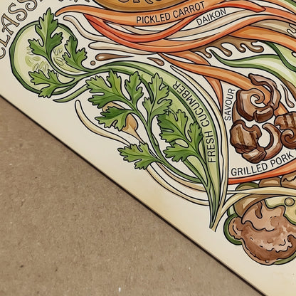 Close-up view of the Banh Mi art print showing the printed detail, paper texture and illustrated Vietnamese sandwich ingredients. The vintage recipe poster includes flowing lines, coriander, cucumber, pickled vegetables, grilled pork and baguette artwork, ideal for showing the quality and detail of the food wall art.