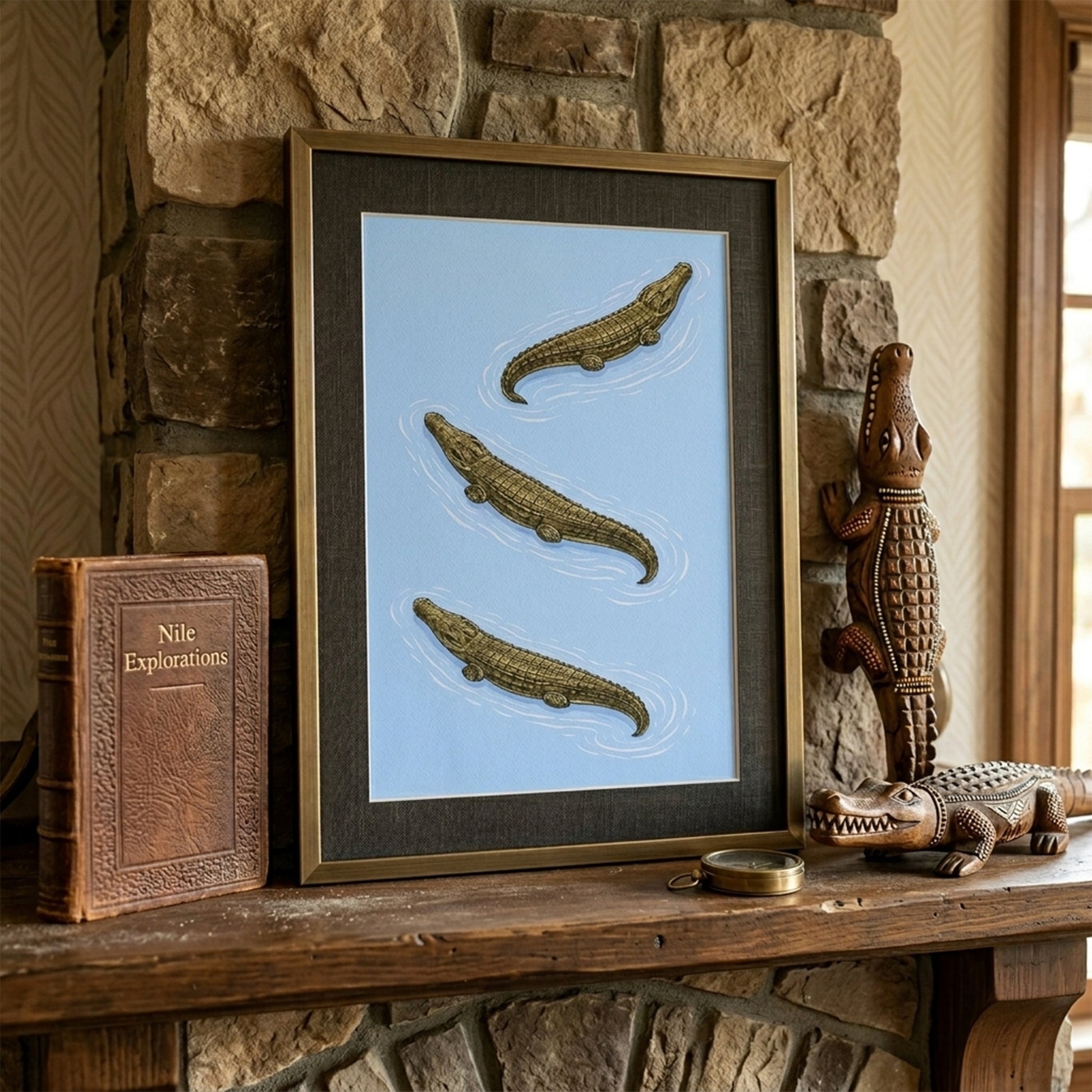 Framed crocodile wildlife print positioned on a stone fireplace mantel alongside books and decor objects. Three saltwater crocodiles are arranged diagonally on a soft blue field, illustrated in detailed zoological style. A statement reptile wall art piece suited to heritage interiors, home offices and natural history themed decor.