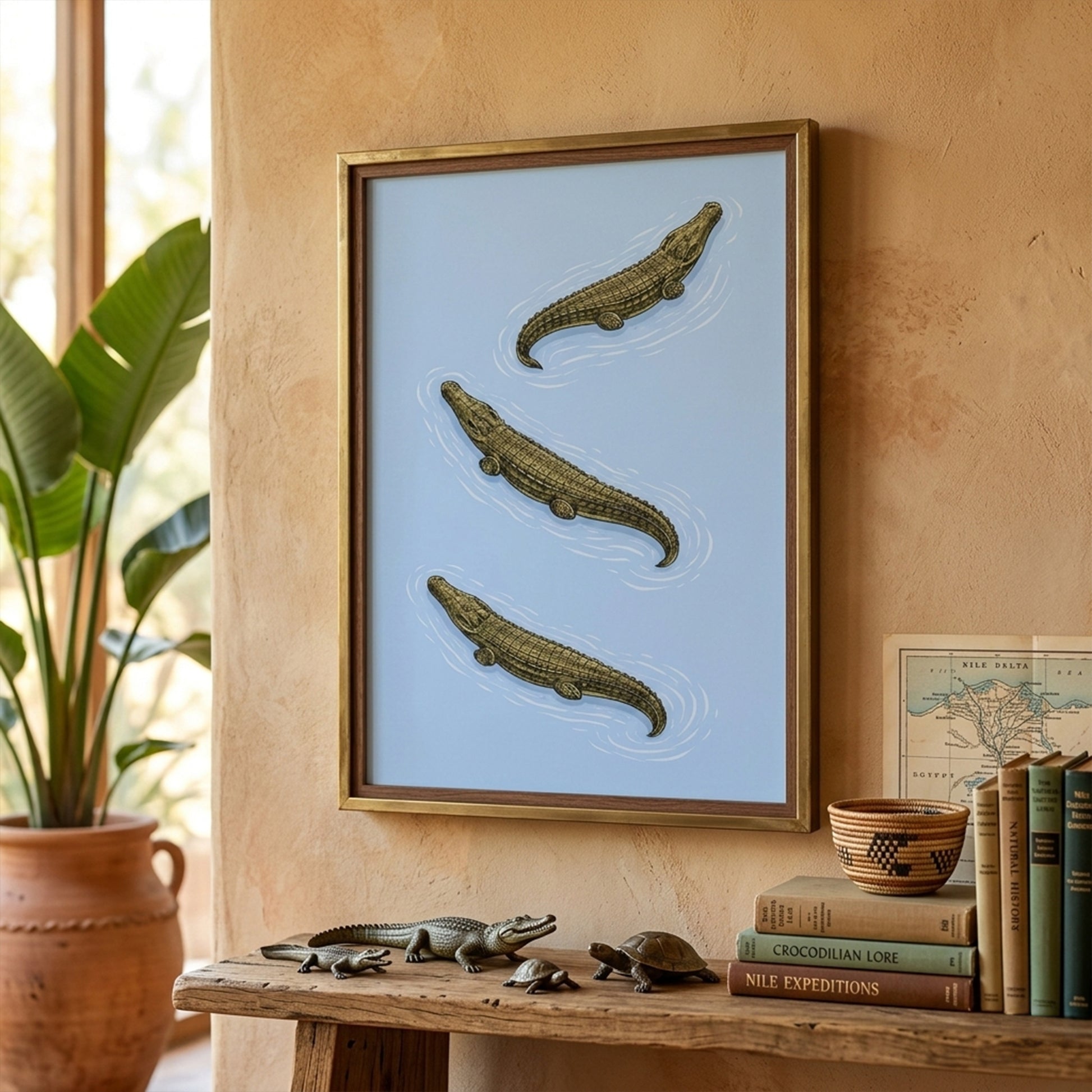 Triple Estuarine Crocodiles framed poster displayed in a living room setting with neutral walls, wooden shelving and indoor plants. The powder blue background contrasts with olive reptile tones, creating balanced wildlife wall art. A Southeast Asian natural history inspired print ideal for modern home decor, study spaces and minimalist interiors.