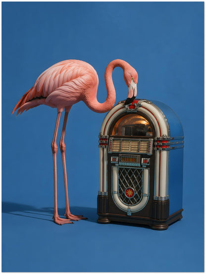 Pink Flamingo Jukebox Art Print displayed on Premium Paper (170 GSM) 45x60 cm / 18x24″