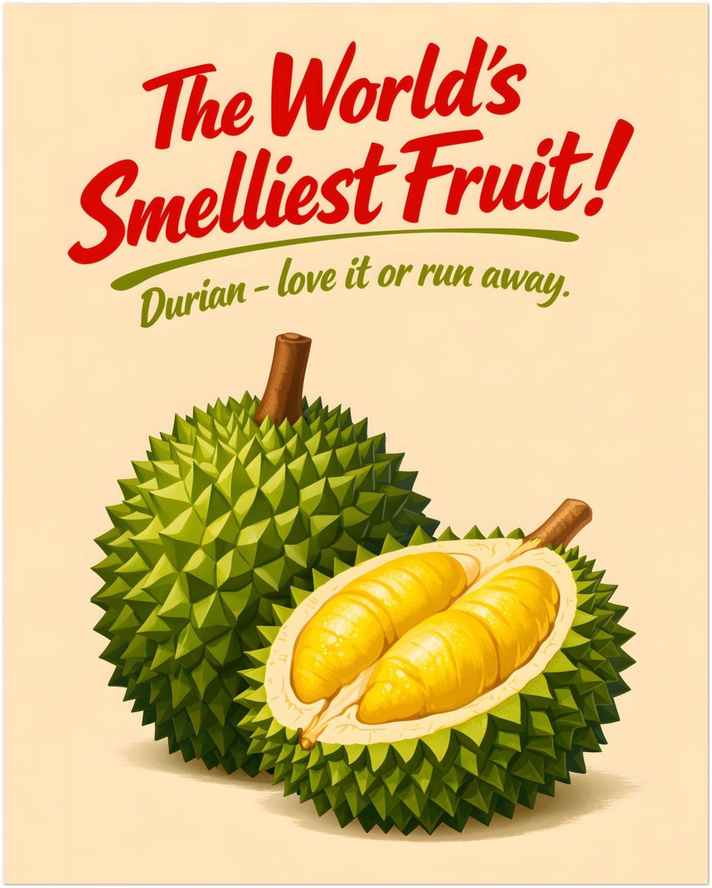 8x10 inch unframed Smelly Durian Poster featuring a retro durian fruit illustration and bold “The World’s Smelliest Fruit” text. Tropical Southeast Asian food wall art ideal for small kitchen decor, exotic fruit poster collections or playful culinary-themed interiors.