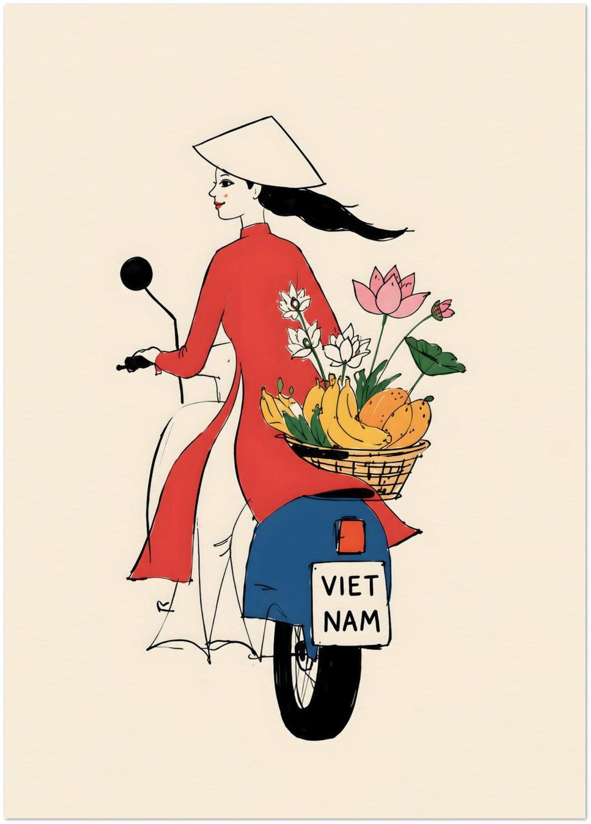 Vietnamese Woman On Motorbike Art Print displayed on Archival Paper (250 GSM) 50x70 cm / 20x28″