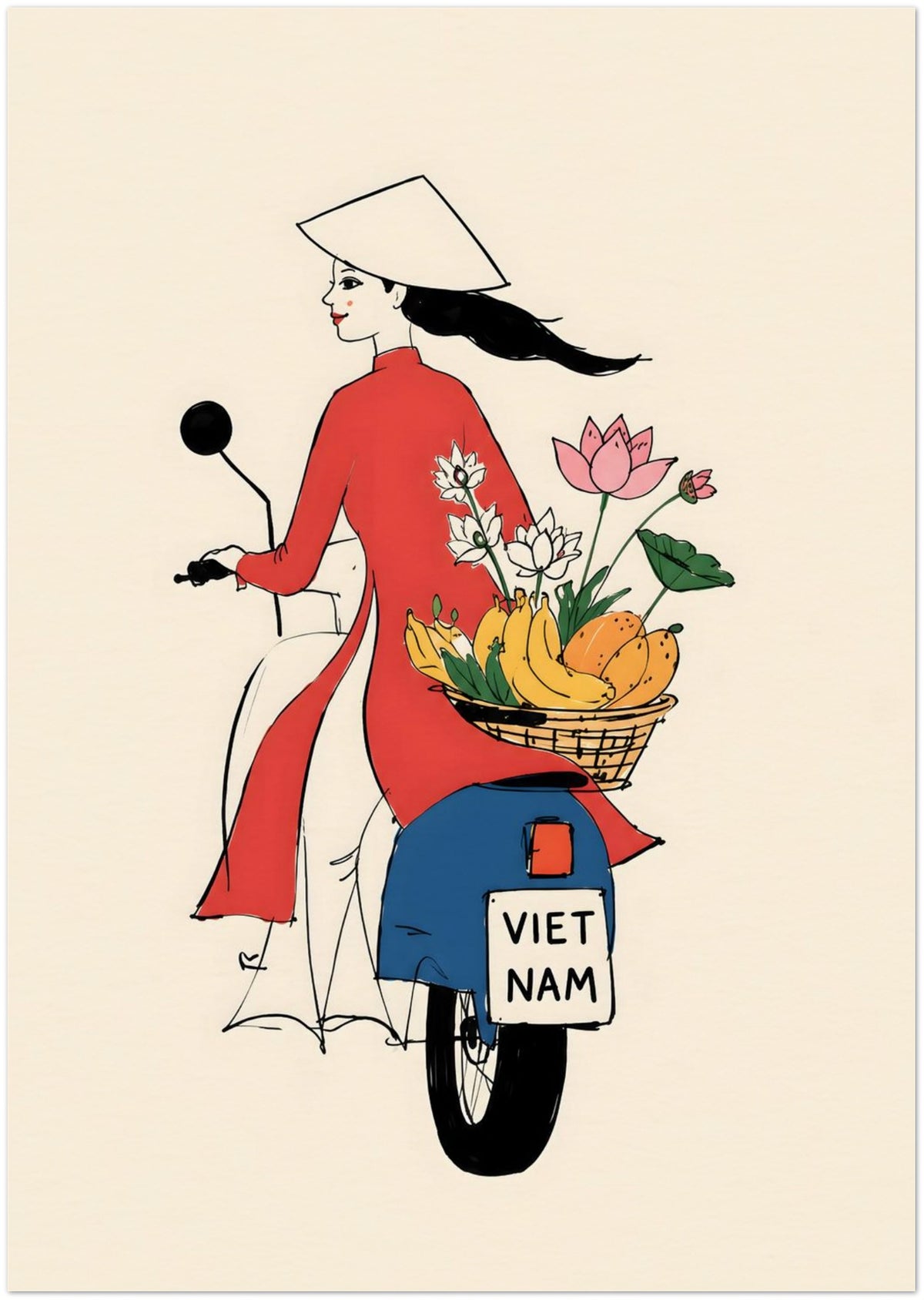 Vietnamese Woman On Motorbike Art Print displayed on Archival Paper (250 GSM) 21x29.7 cm / 8x12"