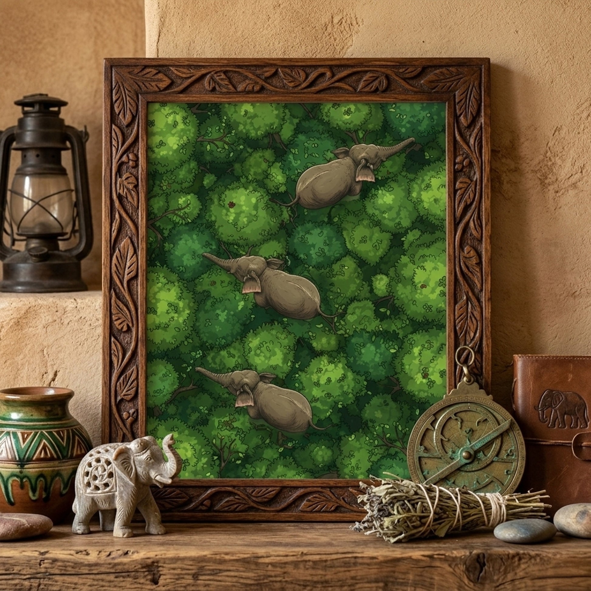 Framed elephant forest illustration placed above a mantle with lanterns, pottery and natural home accessories. The artwork depicts three elephants walking across thick green jungle canopy viewed from above, with rounded treetop textures and earthy tones. A strong lifestyle image for elephant wall decor, jungle elephant art, tropical wildlife poster and nature-themed interior styling.