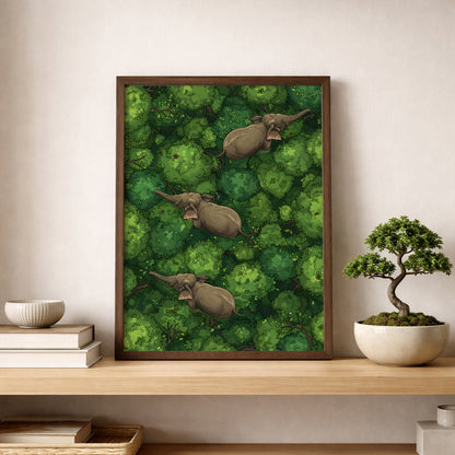 Framed elephant art print leaning or hanging above a shelf in a clean neutral interior with a small bonsai-style plant nearby. The artwork shows three elephants crossing dense green jungle canopy from an aerial view, creating a peaceful natural statement. Works well for elephant wall art, jungle animal poster, green forest print, wildlife decor and modern nature-inspired home styling.