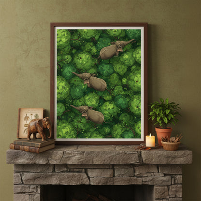 Framed jungle elephant artwork styled above a fireplace in a cosy interior with plants and simple decor. The image features three elephants moving through rich green treetops from an overhead view, bringing calm nature detail and travel-inspired character to the space. Ideal alt text for elephant wall art, green animal print, jungle poster, wildlife decor and forest illustration mockups.