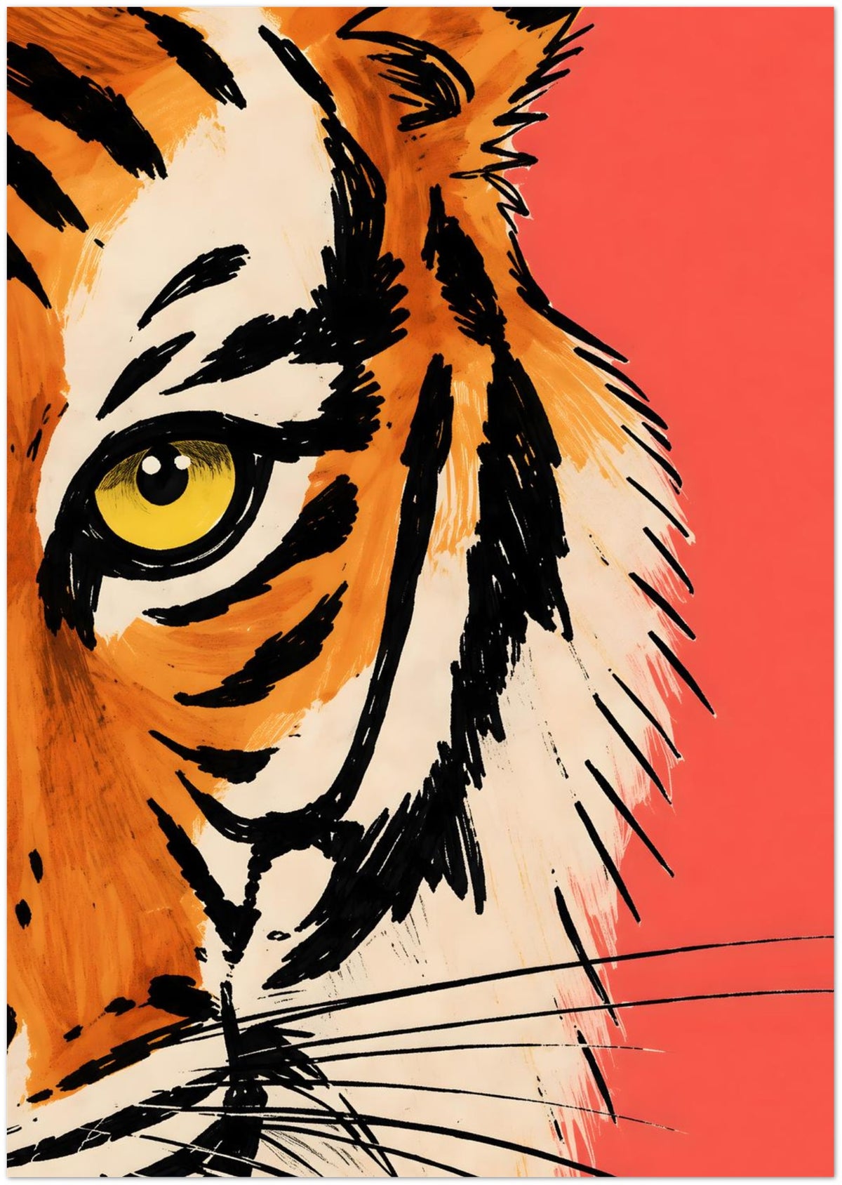 Coral Red Malayan Tiger Face Art Print displayed on Premium Paper (170 GSM) 21x29.7 cm / 8x12"