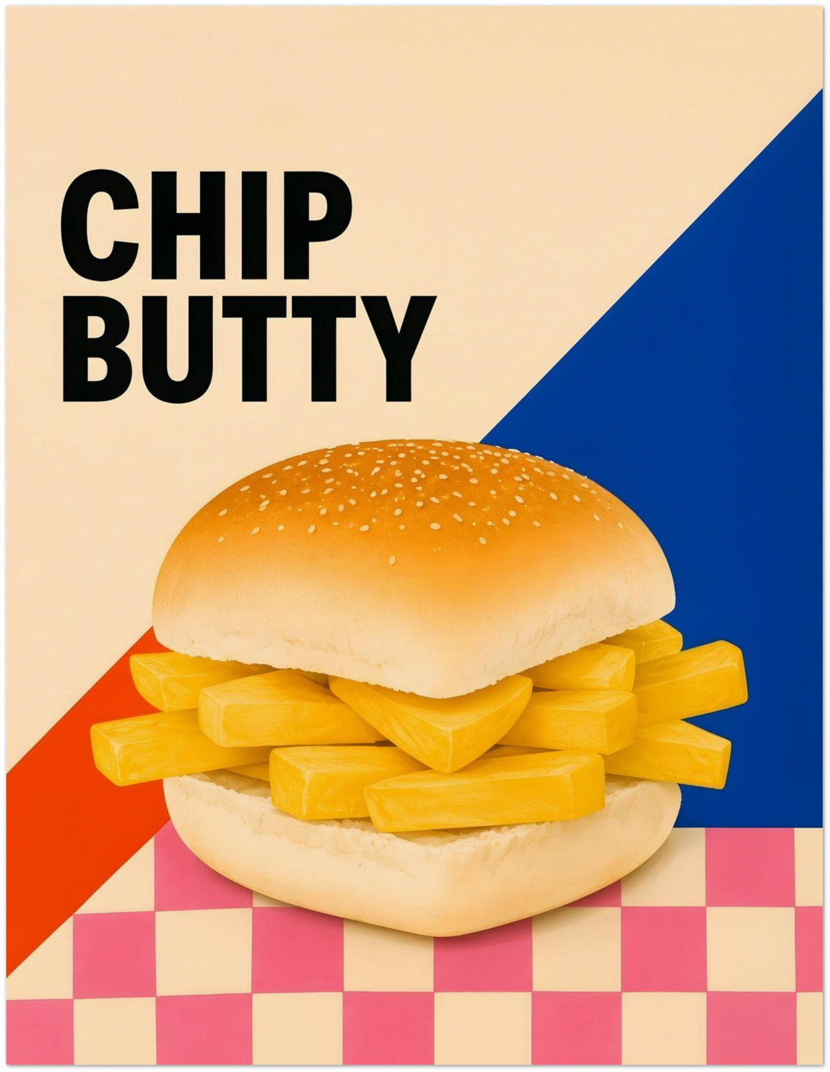 Chip Butty Print British Food Pop Art Poster Classic Uk Comfort Food Wall Art Northern Food Print Colourful Kitchen Artwork Foodie Gif displayed on Archival Paper (250 GSM) 27x35 cm / 11x14″