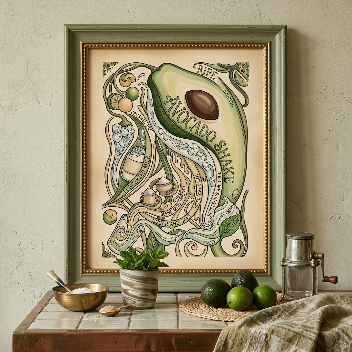 Framed avocado shake poster styled on a tabletop against a neutral wall, with fruit and simple decor placed nearby. The artwork shows a large avocado, flowing vines and recipe ingredients in soft green and cream tones, giving it a calm botanical look. A vintage-inspired kitchen poster presented in a realistic interior setting for food wall art or café decor.