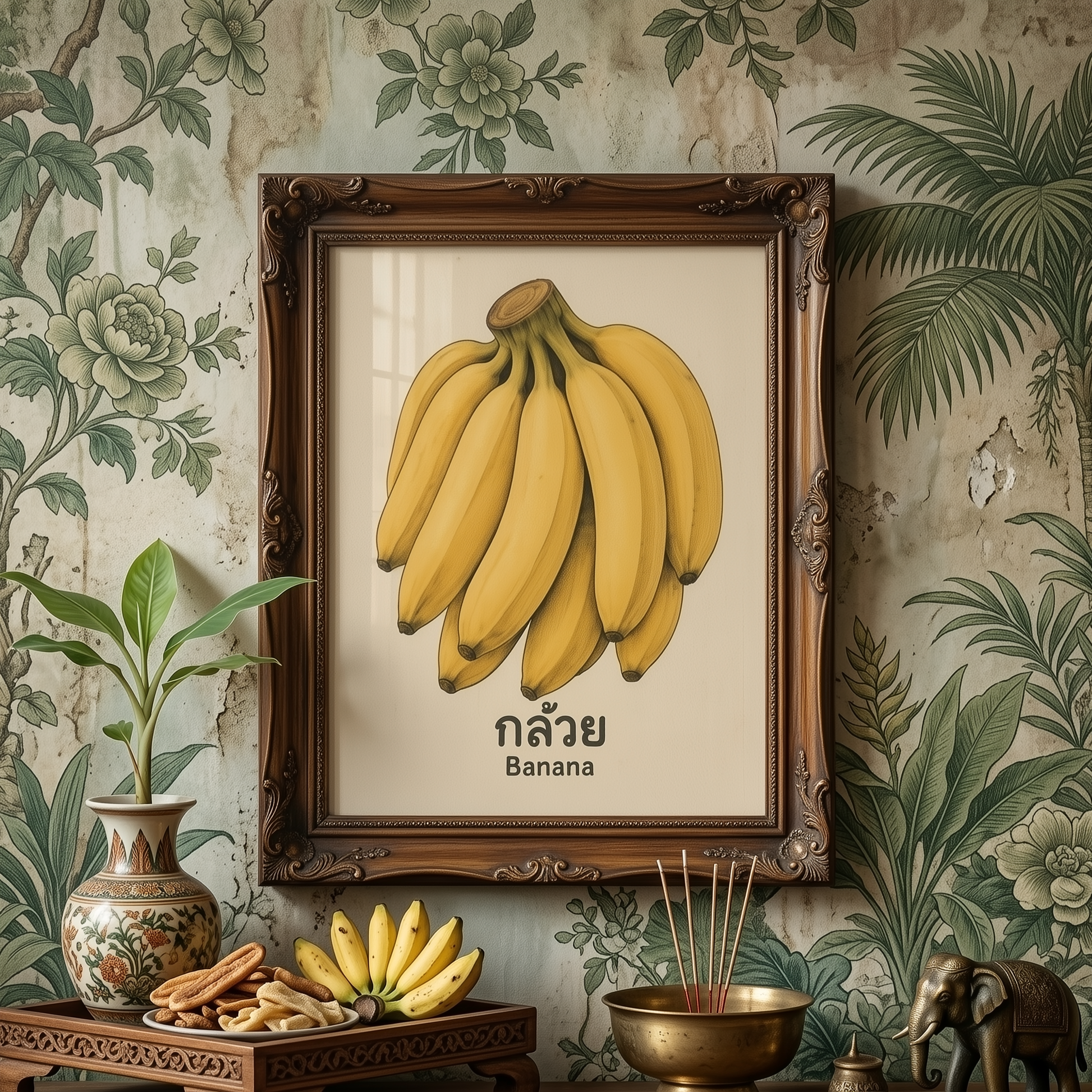 Framed vintage Thai banana artwork styled in a tropical interior with leafy patterned wallpaper, plants, candles, and a small decorative object below the frame. The yellow banana illustration stands out against the cream background and wooden frame, giving the room a relaxed vintage food art look. This lifestyle image suits searches for banana wall art, tropical decor, framed fruit poster, and Thai-inspired kitchen or dining wall art.