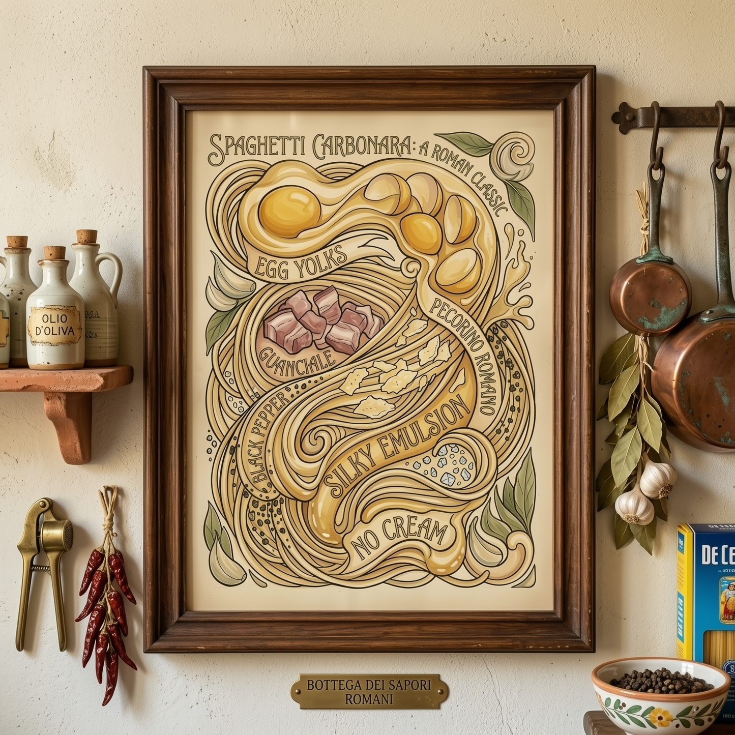 Framed Spaghetti Carbonara Poster hanging in a warm kitchen setting with shelves, cookware and neutral decor around it. The image shows how the vintage pasta artwork looks styled in a real home, with the beige tones blending naturally into the space. Strong lifestyle image for Italian kitchen decor, kitchen wall art, spaghetti wall art, pasta kitchen wall art and retro food poster searches.