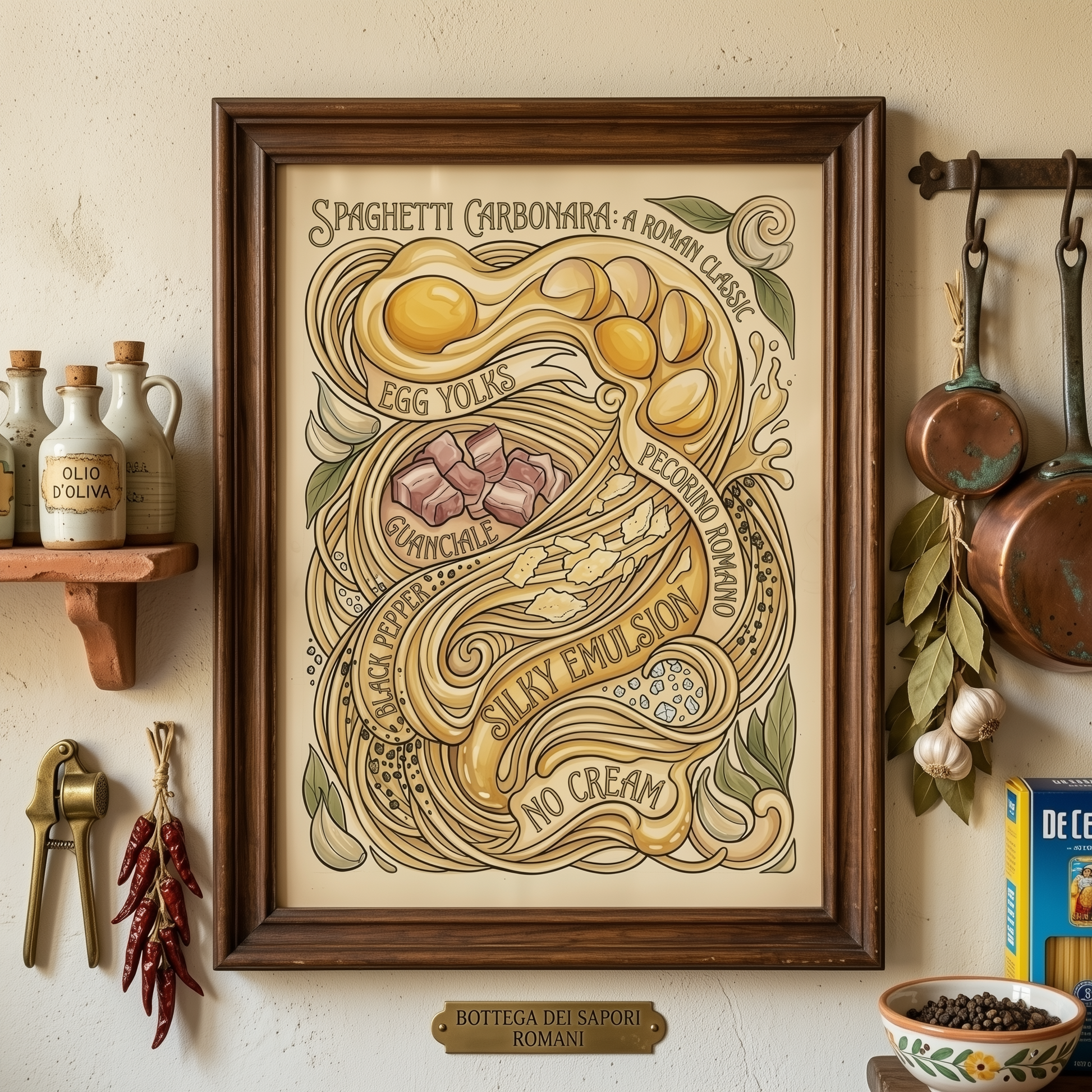 Framed Spaghetti Carbonara Poster hanging in a warm kitchen setting with shelves, cookware and neutral decor around it. The image shows how the vintage pasta artwork looks styled in a real home, with the beige tones blending naturally into the space. Strong lifestyle image for Italian kitchen decor, kitchen wall art, spaghetti wall art, pasta kitchen wall art and retro food poster searches.