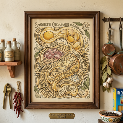 Framed Spaghetti Carbonara Poster hanging in a warm kitchen setting with shelves, cookware and neutral decor around it. The image shows how the vintage pasta artwork looks styled in a real home, with the beige tones blending naturally into the space. Strong lifestyle image for Italian kitchen decor, kitchen wall art, spaghetti wall art, pasta kitchen wall art and retro food poster searches.