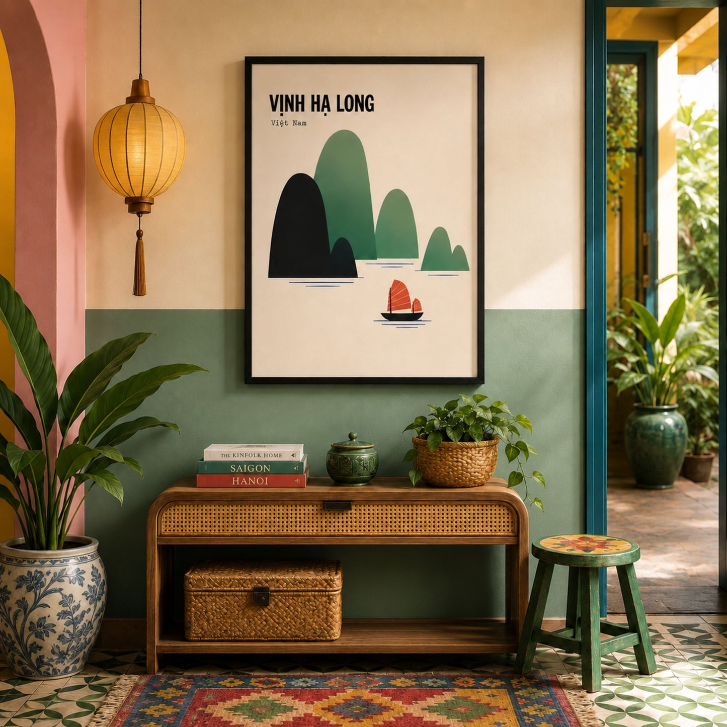 Framed Ha Long Bay Vietnam travel poster displayed above a mid-century wooden cabinet in a warm, collected living room. The cream, green and orange artwork is surrounded by leafy plants, a table lamp, books and a patterned rug, showing how the print works in colourful, travel-inspired home decor.