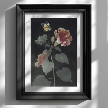 Framed Malaysian hibiscus and Rajah Brooke’s Birdwing butterfly wall art displayed on a clean white wall in a black frame. The botanical print shows a tall hibiscus plant with red and pink petals and a yellow butterfly above the flower, creating a vintage botanical wall art look with strong contrast and minimal styling.