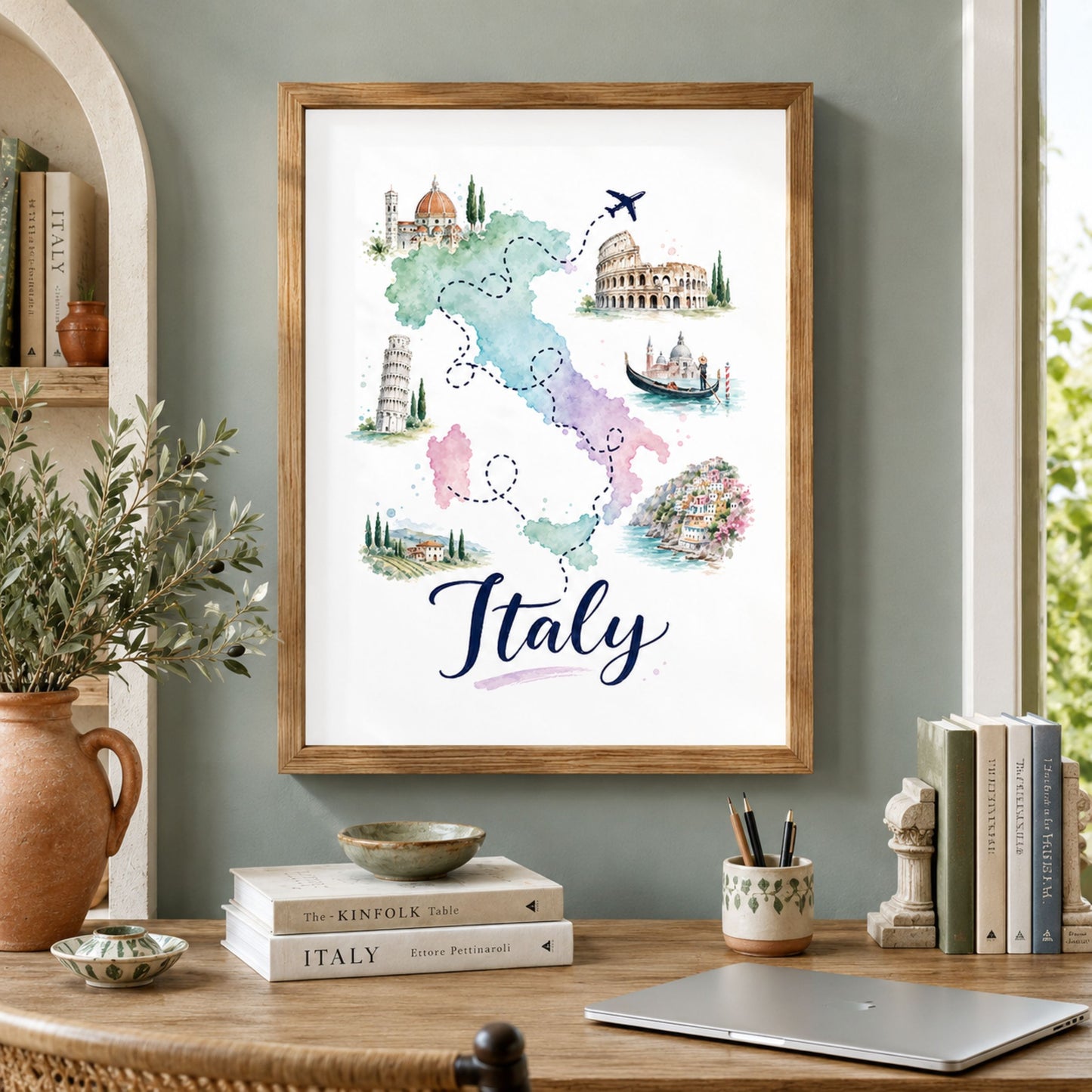 Framed Italy map poster displayed above a wooden console in a warm, softly styled living space. The pastel watercolour artwork shows the outline of Italy with dotted routes, an aeroplane and illustrated landmarks, while neutral books, ceramics and leafy plants create a relaxed Mediterranean-inspired setting for colourful Italian travel wall art.
