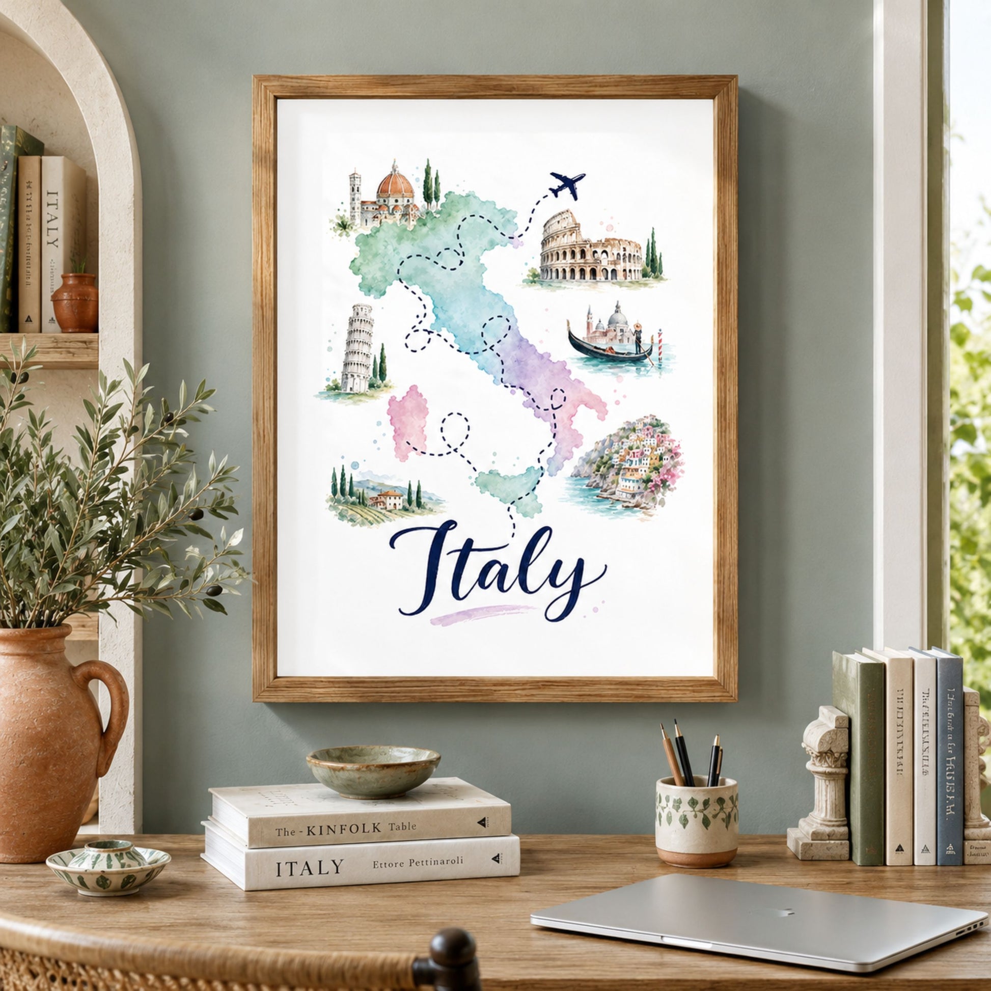 Framed Italy map poster displayed above a wooden console in a warm, softly styled living space. The pastel watercolour artwork shows the outline of Italy with dotted routes, an aeroplane and illustrated landmarks, while neutral books, ceramics and leafy plants create a relaxed Mediterranean-inspired setting for colourful Italian travel wall art.