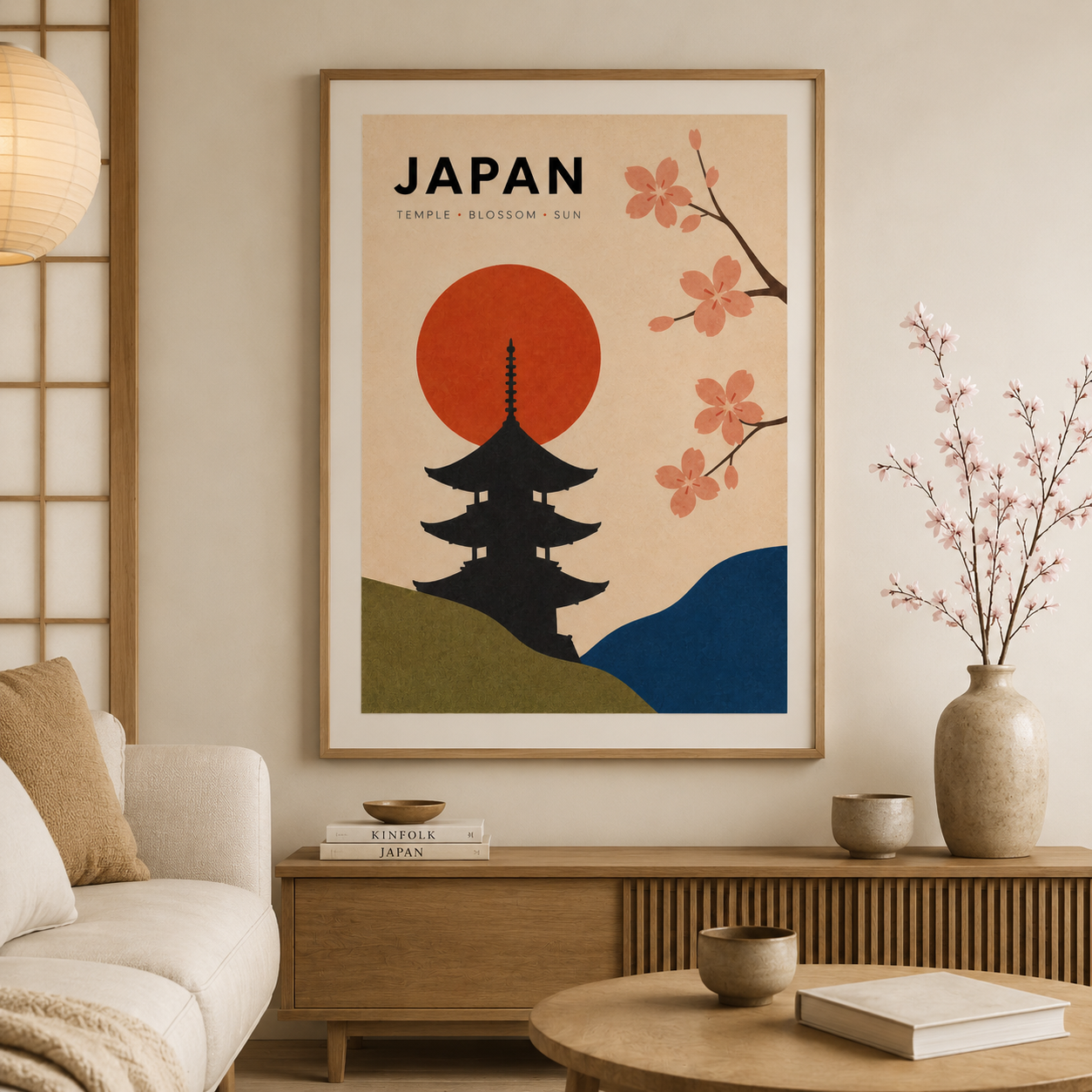 Framed vintage Japan travel poster displayed above a low wooden table in a calm Japanese-inspired living room. The black temple silhouette, red rising sun, pink cherry blossoms and curved blue and olive hills stand out against the cream print, while neutral wood, ceramics and soft decor create a warm setting.