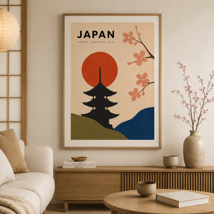 Framed vintage Japan travel poster displayed above a low wooden table in a calm Japanese-inspired living room. The black temple silhouette, red rising sun, pink cherry blossoms and curved blue and olive hills stand out against the cream print, while neutral wood, ceramics and soft decor create a warm setting.