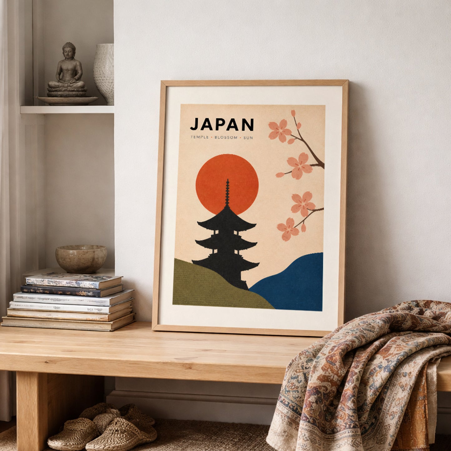 Framed Japan travel print placed on a wooden shelf with folded books, neutral pottery and a textured woven blanket. The retro artwork combines a black temple silhouette, red sun, pink cherry blossoms, olive green and blue hills, and a cream background for warm Japanese wall decor with a cultural travel feel.