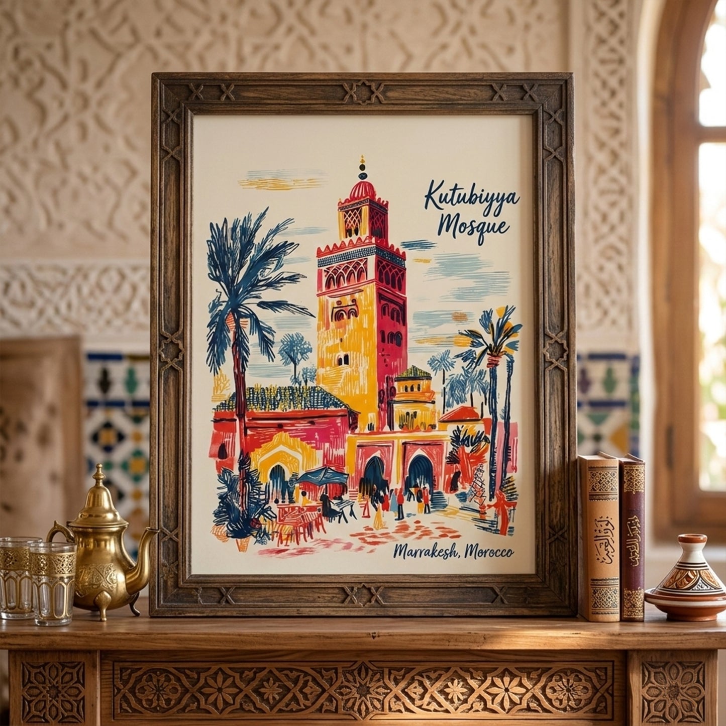 Framed Kutubiyya Mosque print placed above a decorative mantel in a detailed interior with patterned walls and warm tones. The Marrakech art print shows the mosque tower, palm trees, archways and figures walking through a lively Moroccan street scene. A strong styled image for shoppers looking for Marrakech wall art, Morocco print and colourful travel decor with a more layered home setting.