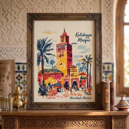 Framed Kutubiyya Mosque print placed above a decorative mantel in a detailed interior with patterned walls and warm tones. The Marrakech art print shows the mosque tower, palm trees, archways and figures walking through a lively Moroccan street scene. A strong styled image for shoppers looking for Marrakech wall art, Morocco print and colourful travel decor with a more layered home setting.