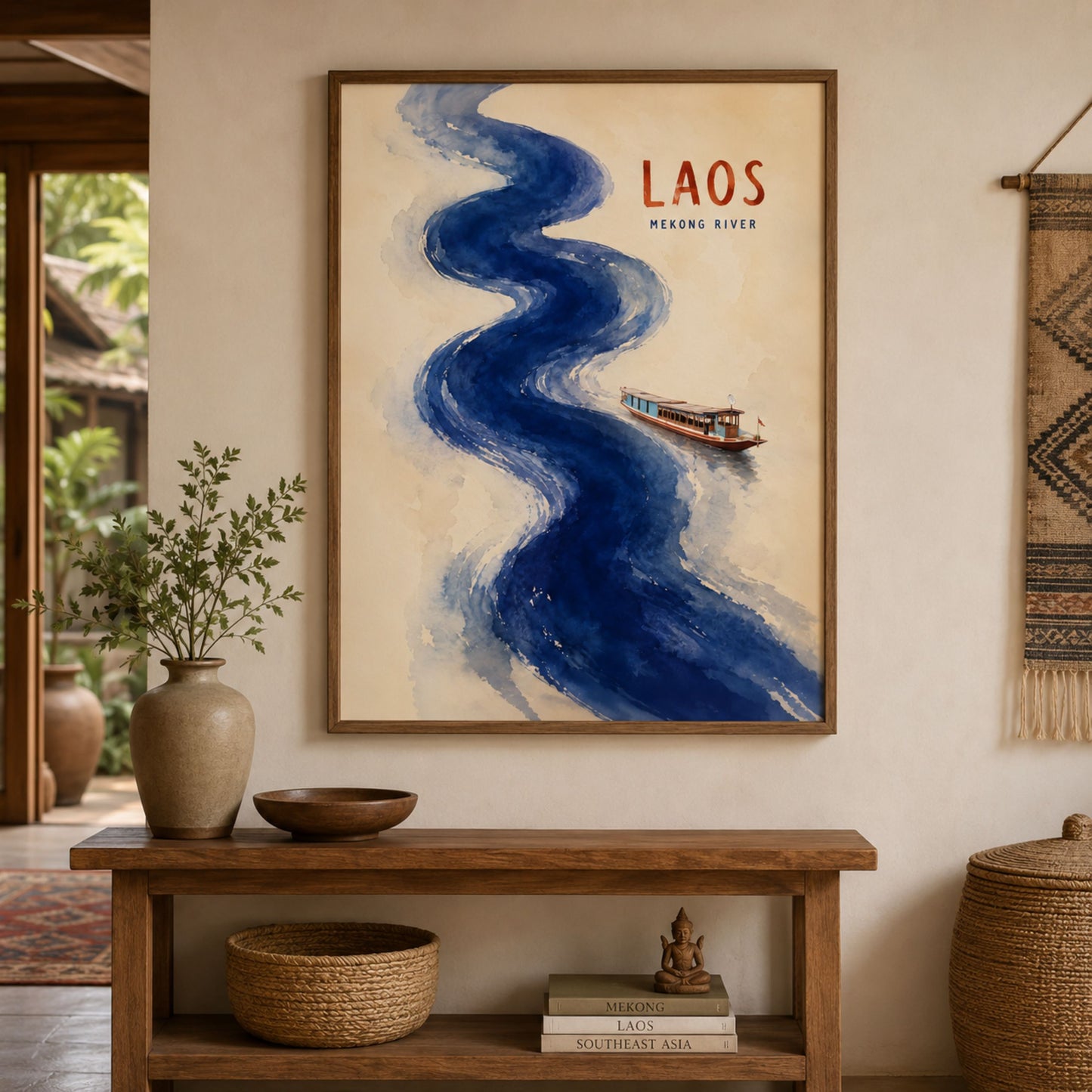 Framed Laos Mekong River travel poster displayed above a low wooden console in a warm, neutral living room. The artwork shows a winding deep blue watercolour river, a small traditional boat and red LAOS text on a cream background. Styled with indoor plants, ceramics, a lamp and natural wood decor for a calm cultural interior.