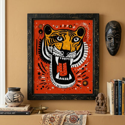 Framed Malayan Tiger poster displayed on a mantle with minimal decor elements. The vivid orange backdrop and graphic black and white tiger illustration create high impact wildlife wall art. Open mouth, sharp teeth and circular tribal motifs reinforce the bold Southeast Asian design, ideal for modern living room statement decor.