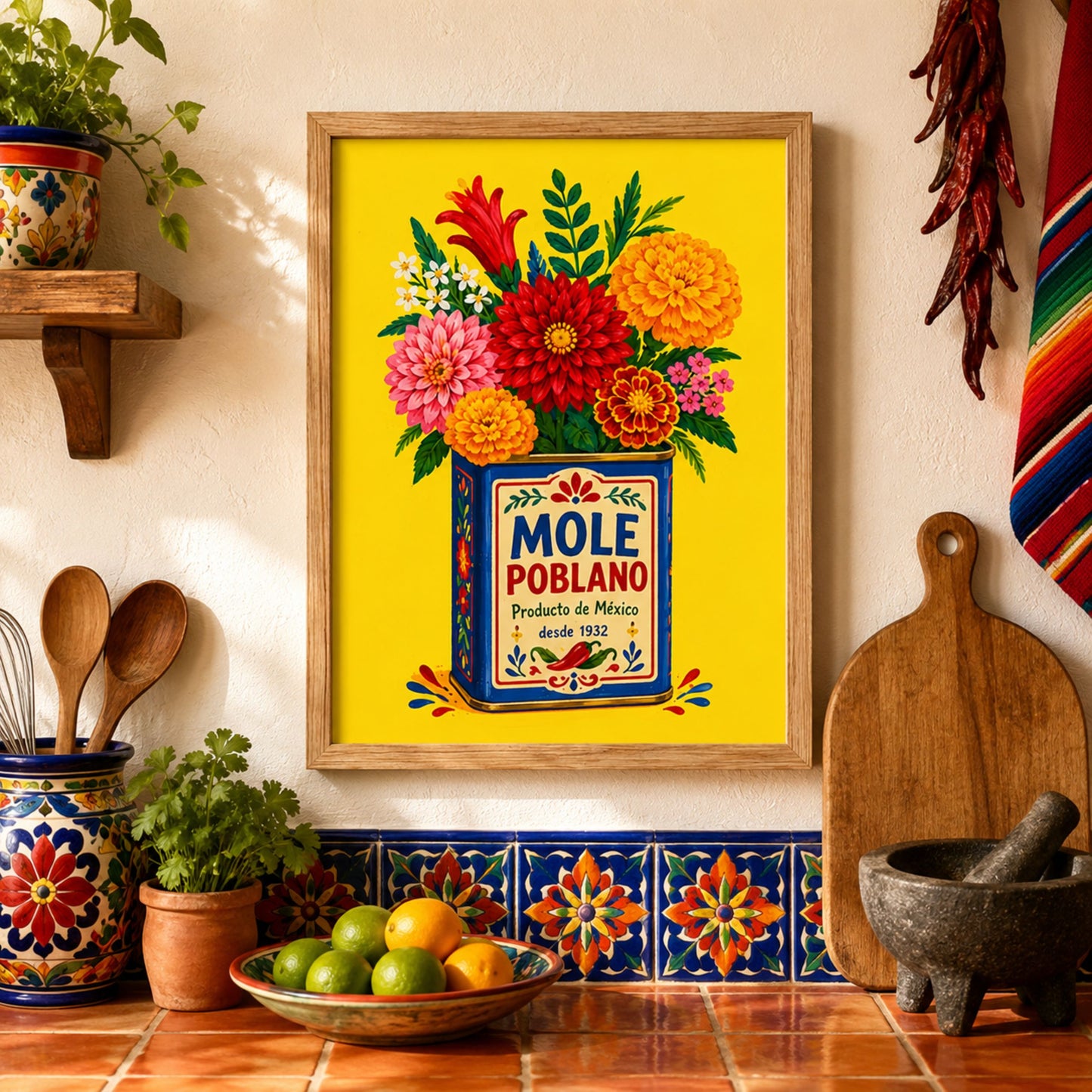 Framed Mexican mole poblano print displayed in a colourful kitchen above a tiled worktop, surrounded by tomatoes, chillies, cooking utensils and rustic food details. The yellow wall art, blue vintage tin and bright flower arrangement create bold Mexican kitchen decor with a warm, lived-in setting.