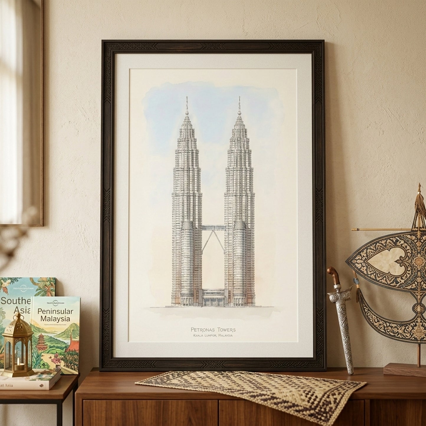 Framed Petronas Twin Towers architectural print positioned on a mantel shelf with decorative items. The detailed line illustration shows the Kuala Lumpur skyline landmark with symmetrical towers connected by the sky bridge. Neutral tones and clean lines create minimalist Malaysia architecture wall art suitable for contemporary interior styling.