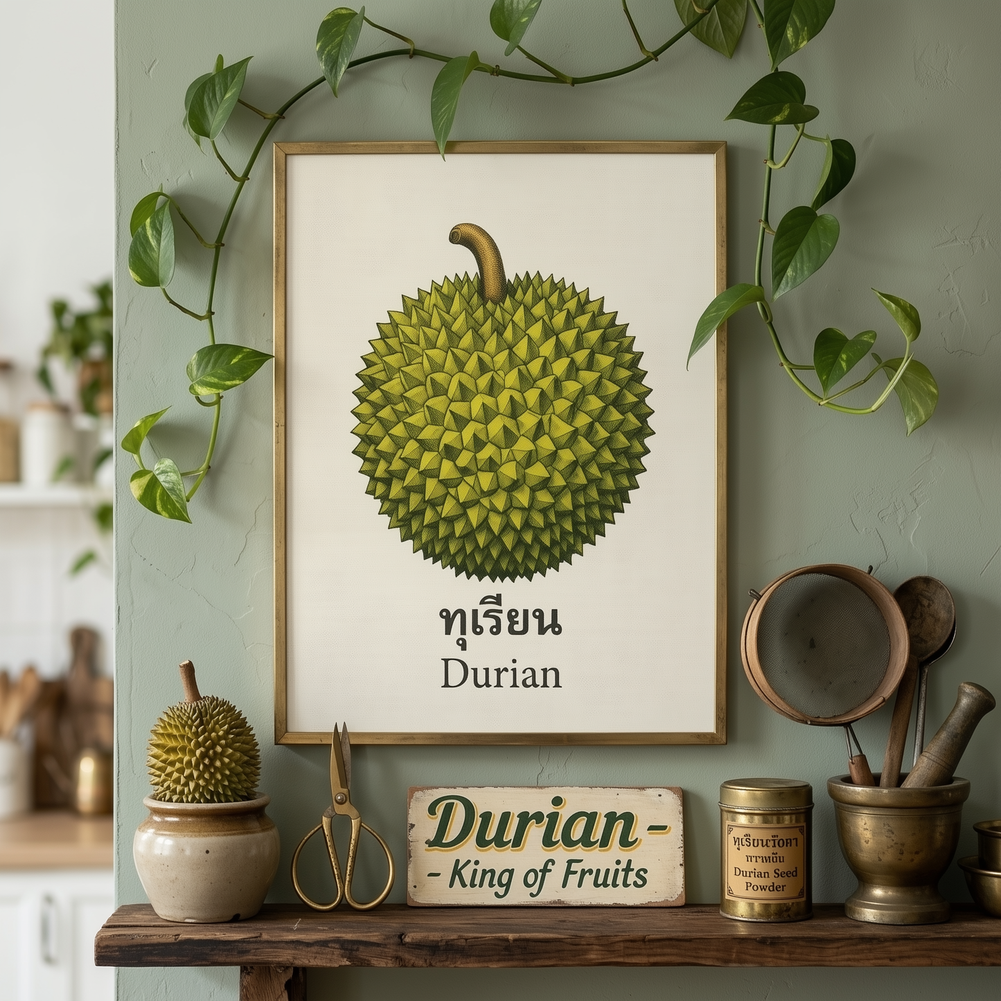 Framed Thai durian wall art displayed on a shelf in a calm kitchen or dining space with trailing green vines and small earthy decor pieces around it. The print shows a green spiky durian fruit with a curved brown stem, Thai script and the English word “Durian” on a cream background. A clean botanical fruit print for Thai kitchen decor, tropical food wall art and minimalist cultural interiors.