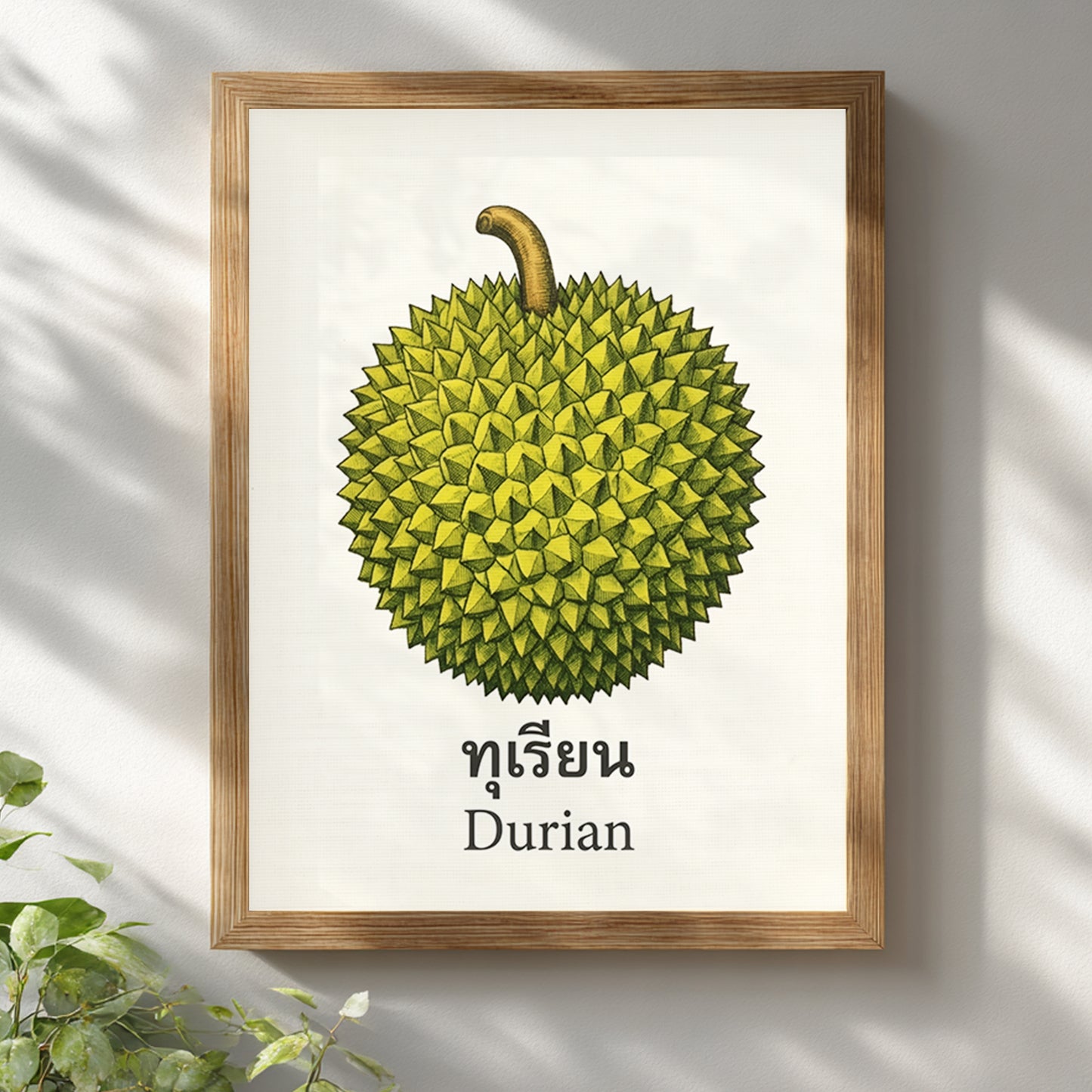 Wooden framed Thai durian poster hanging on a white wall with soft daylight and plant shadows. The artwork shows a green durian fruit with a curved stem, Thai text and the English word “Durian” on a cream background. The natural frame and simple composition suit botanical kitchen wall art, Thai food decor, tropical fruit prints and calm modern interiors with a clean styled finish.