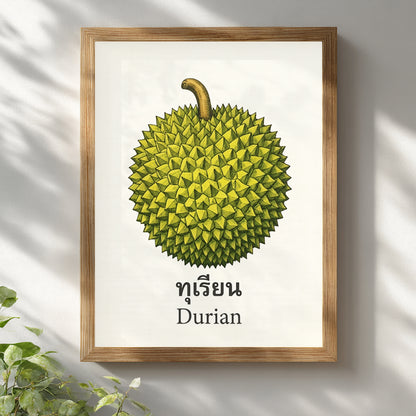 Wooden framed Thai durian poster hanging on a white wall with soft daylight and plant shadows. The artwork shows a green durian fruit with a curved stem, Thai text and the English word “Durian” on a cream background. The natural frame and simple composition suit botanical kitchen wall art, Thai food decor, tropical fruit prints and calm modern interiors with a clean styled finish.