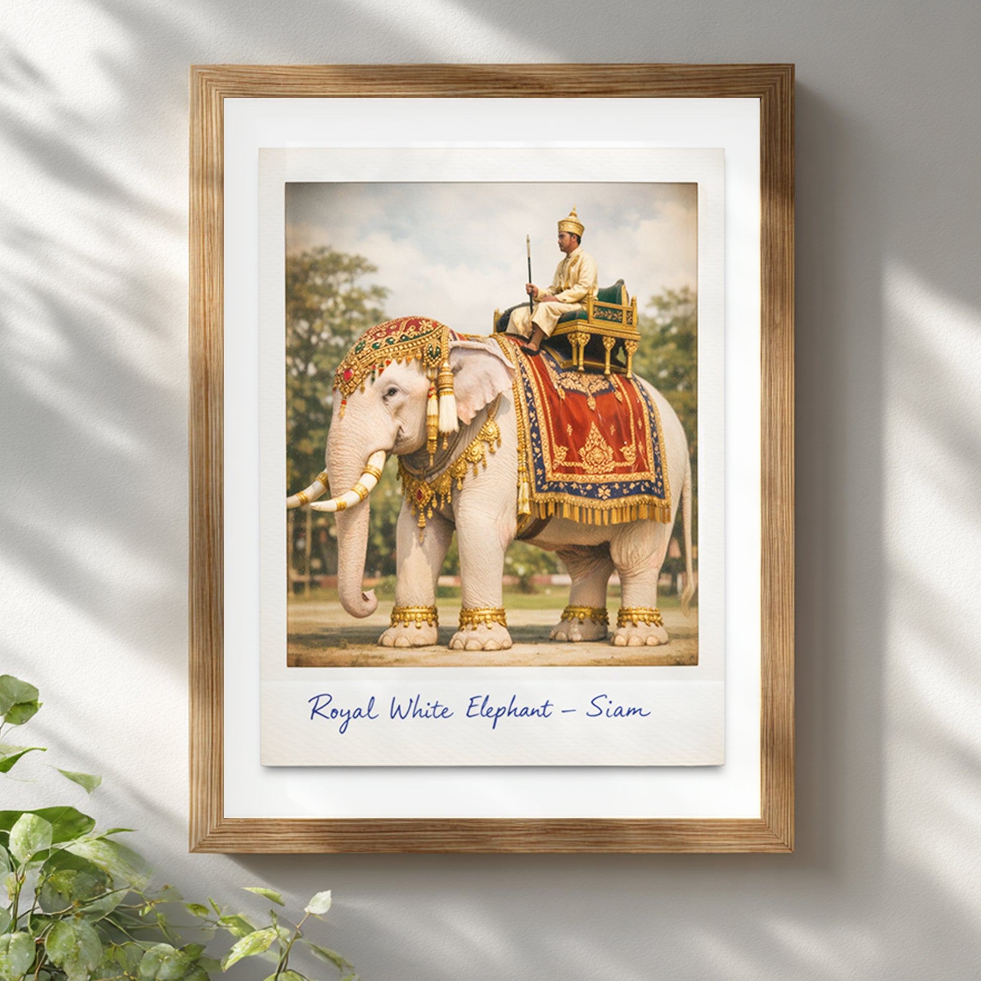 Framed Thailand royal white elephant wall art displayed on a white wall in a light wooden frame. The vintage Polaroid style print shows a decorated white elephant in red and gold royal cloth with a Thai royal rider holding a staff. A strong choice for classic, cultural or Asia-inspired interiors.