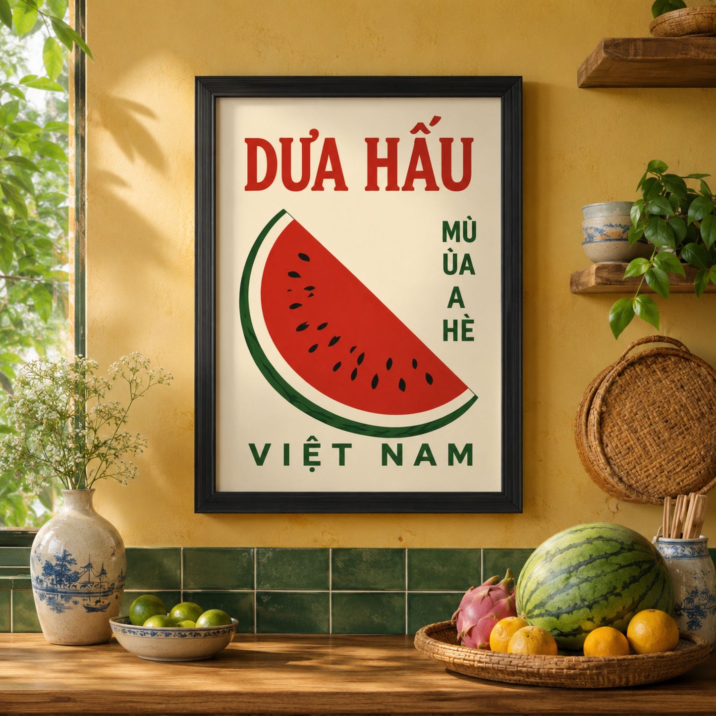 Framed Vietnam watermelon poster on a colourful kitchen wall with green tiles, wooden shelves, ceramic bowls, woven basket and fresh fruit. The artwork shows bold Vietnamese text, a red watermelon slice and cream background, styled as kitchen wall art with natural fruit market details.