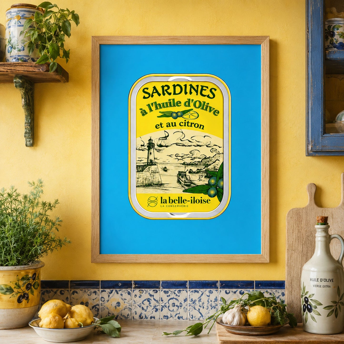 French sardine tin art print displayed in a wooden frame in a colourful kitchen, featuring a turquoise blue background and yellow vintage food packaging beside patterned tiles, ceramics and indoor plants.