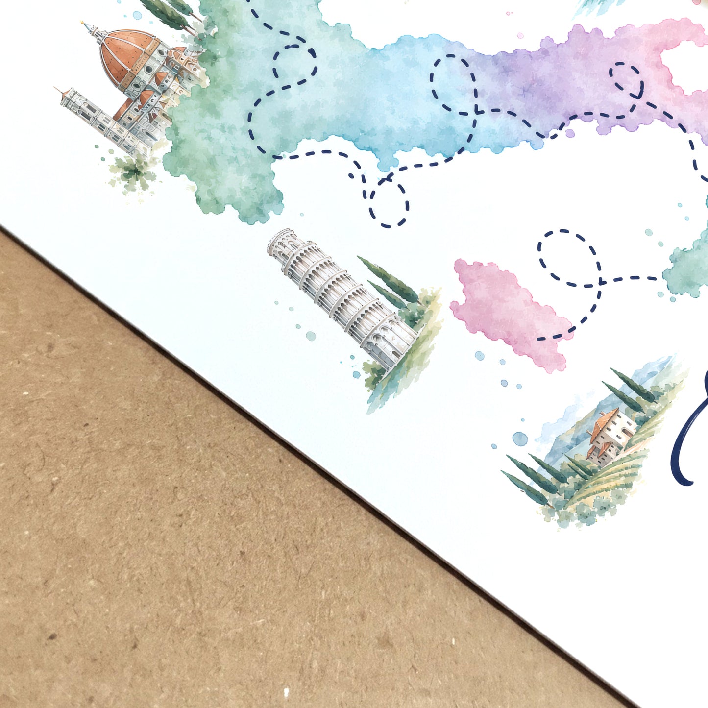Close-up view of the Italy map poster printed on white paper and placed over a natural kraft surface. The angled composition highlights the crisp edge, paper finish, pastel watercolour regions, dotted travel route and small illustrated Italian scenes, showing the detail and texture of this colourful Italy travel print.