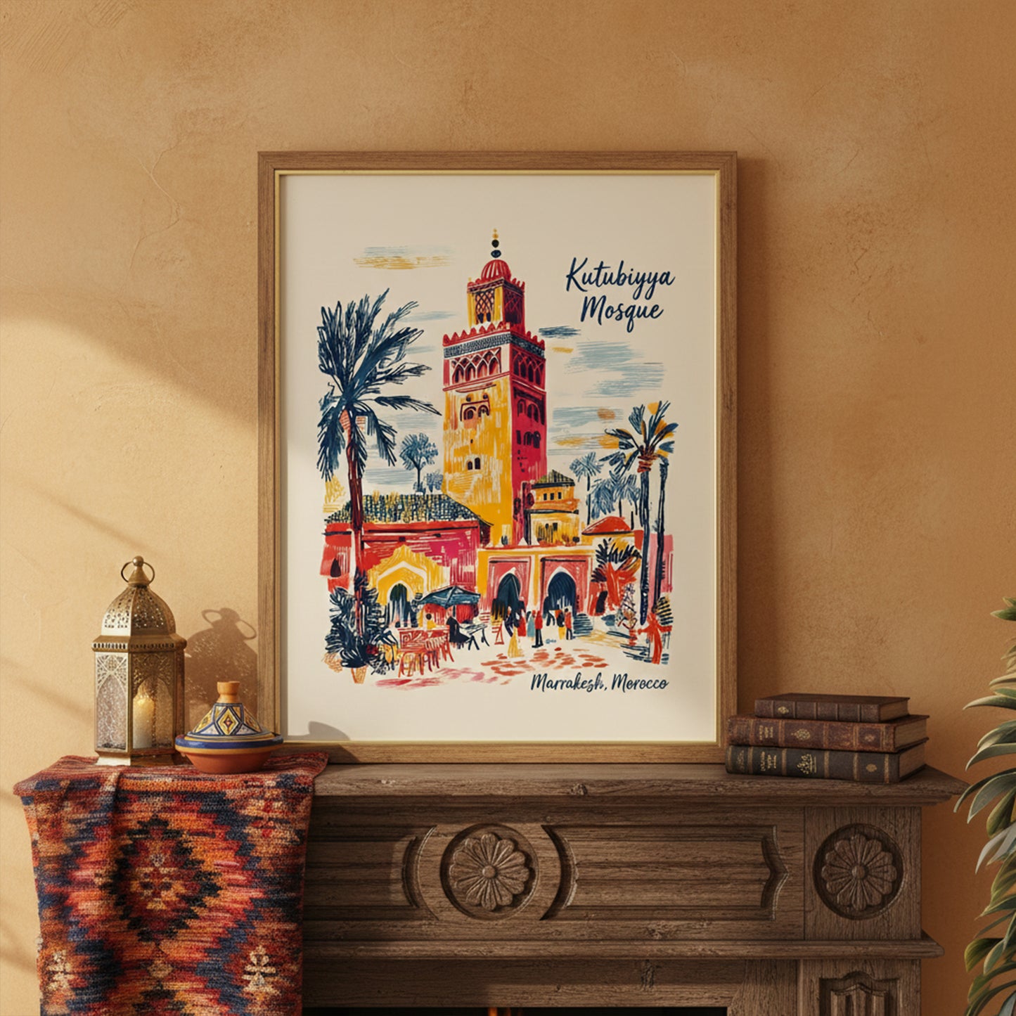 Kutubiyya Mosque print in a light wood frame styled above a carved mantel in a warm neutral room. The Marrakech artwork features palm trees, arched doorways, street details and the tall mosque tower in bold red, yellow and blue sketch lines. This interior mockup shows how the Morocco wall art works in a living room with earthy decor, creating a relaxed and collected travel art look.