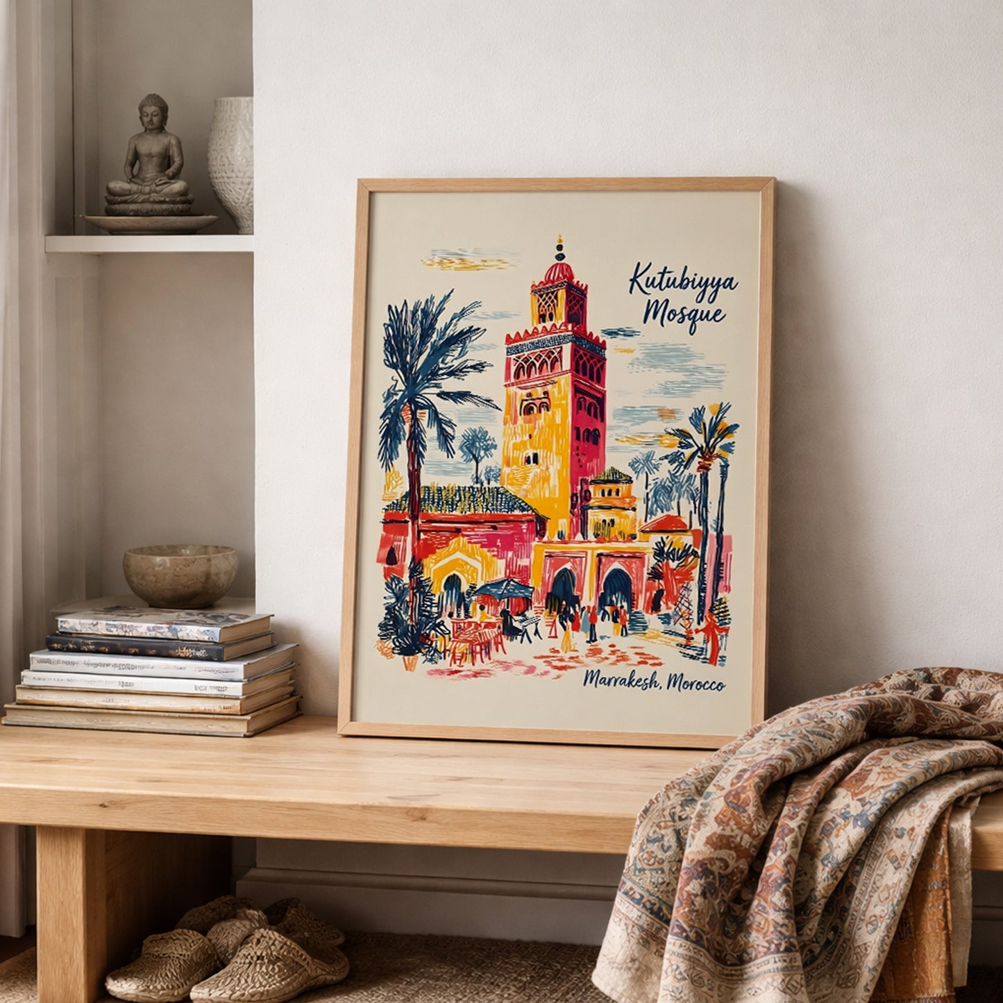 Framed Kutubiyya Mosque print styled on a wooden shelf with books, ceramics and folded textiles in a relaxed neutral room. The Marrakech artwork adds colour through its palm trees, mosque tower, archways and street scene details drawn in a loose travel poster style. This mockup helps show the Morocco wall art in a lived-in interior with cultural decor and soft natural textures.