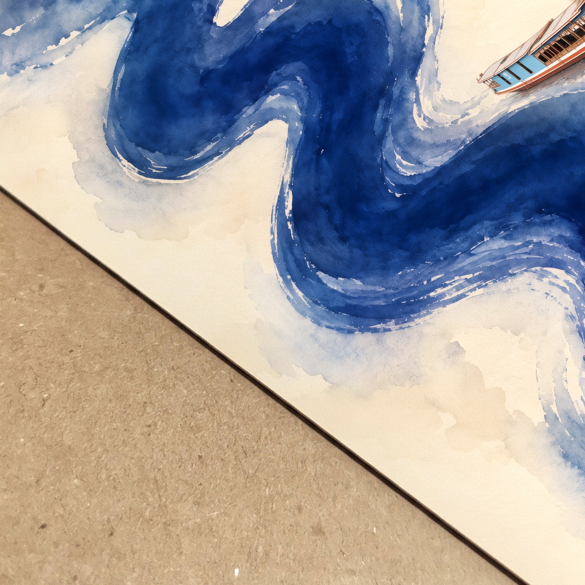 Close-up of the unframed Laos Mekong River print resting on a textured beige surface, showing the paper edge and painted detail. Deep blue watercolour brushstrokes curve across the cream background, with part of the small river boat visible near the top. The image highlights the layered colour, soft texture and printed finish.
