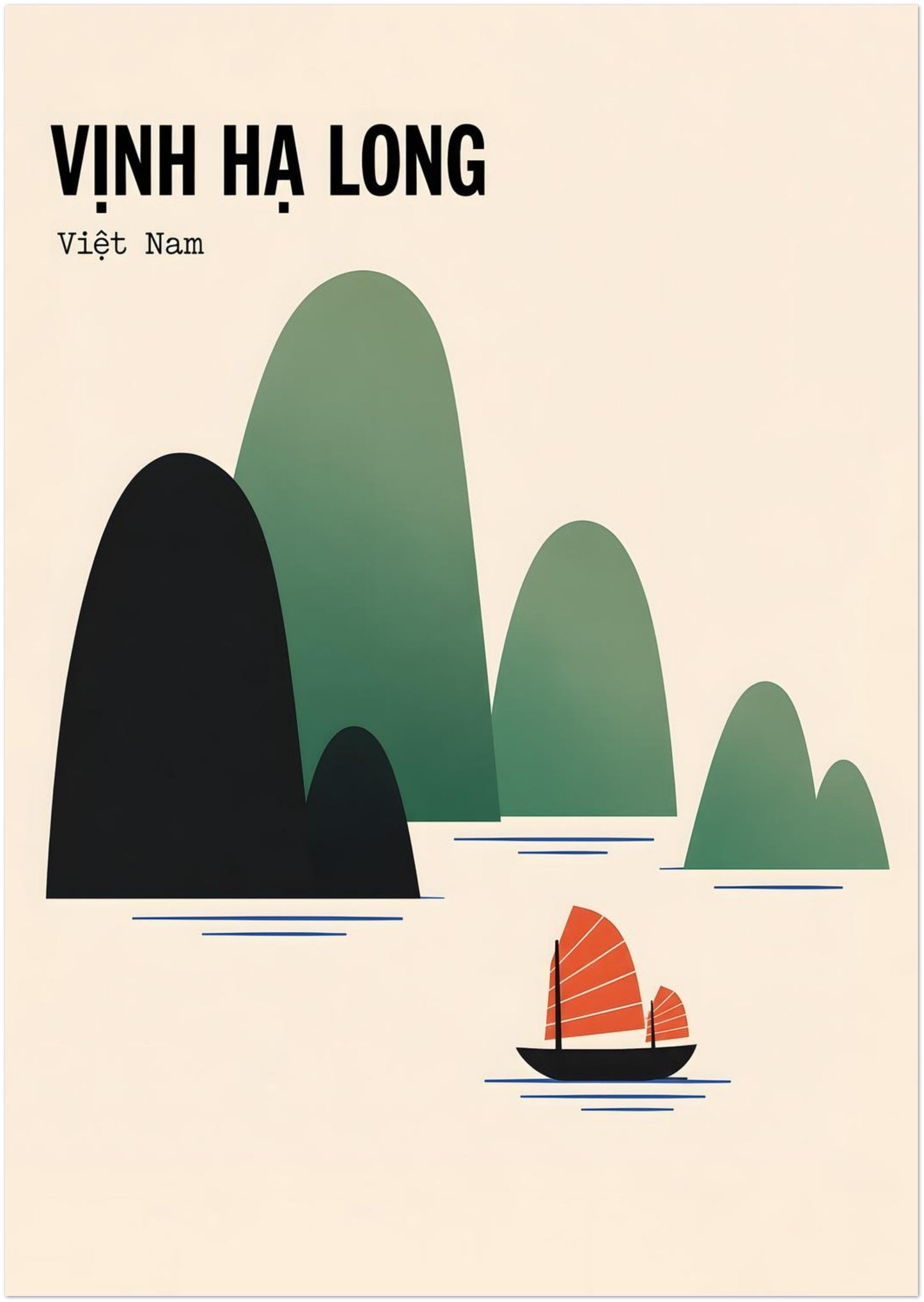 Large unframed A0 Ha Long Bay poster featuring abstract limestone islands in charcoal black, rich green and muted sage, with a small red-sailed Vietnamese junk boat on calm blue water. The Vinh Ha Long title, warm cream background and simple graphic forms create statement-sized Vietnam travel art for a feature wall.