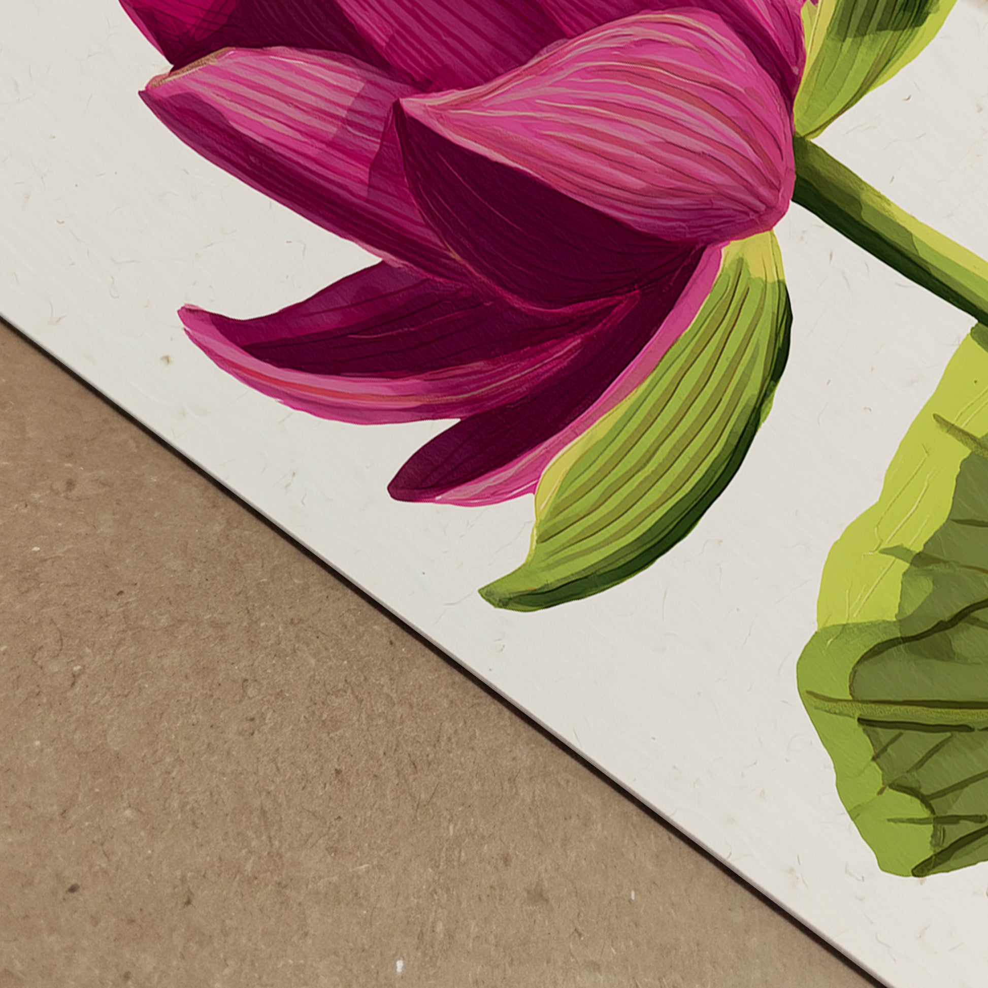Close up image of the pink lotus poster showing sharp print detail and visible paper texture. The layered pink petals, green stem and leaf are clearly defined against the beige background. High quality botanical lotus wall art print suitable for modern home decor, meditation rooms and Asian inspired interiors.