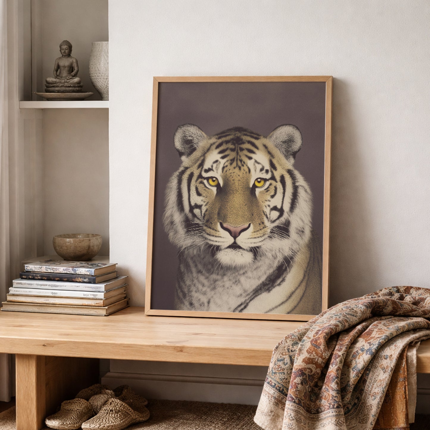 Framed Malayan tiger portrait positioned on a wooden shelf with folded textiles and neutral decor items. The wildlife poster presents a front-facing tiger with defined black stripes and soft fur detail in a vintage photographic style. A strong animal wall decor piece designed for modern or classic interior styling.