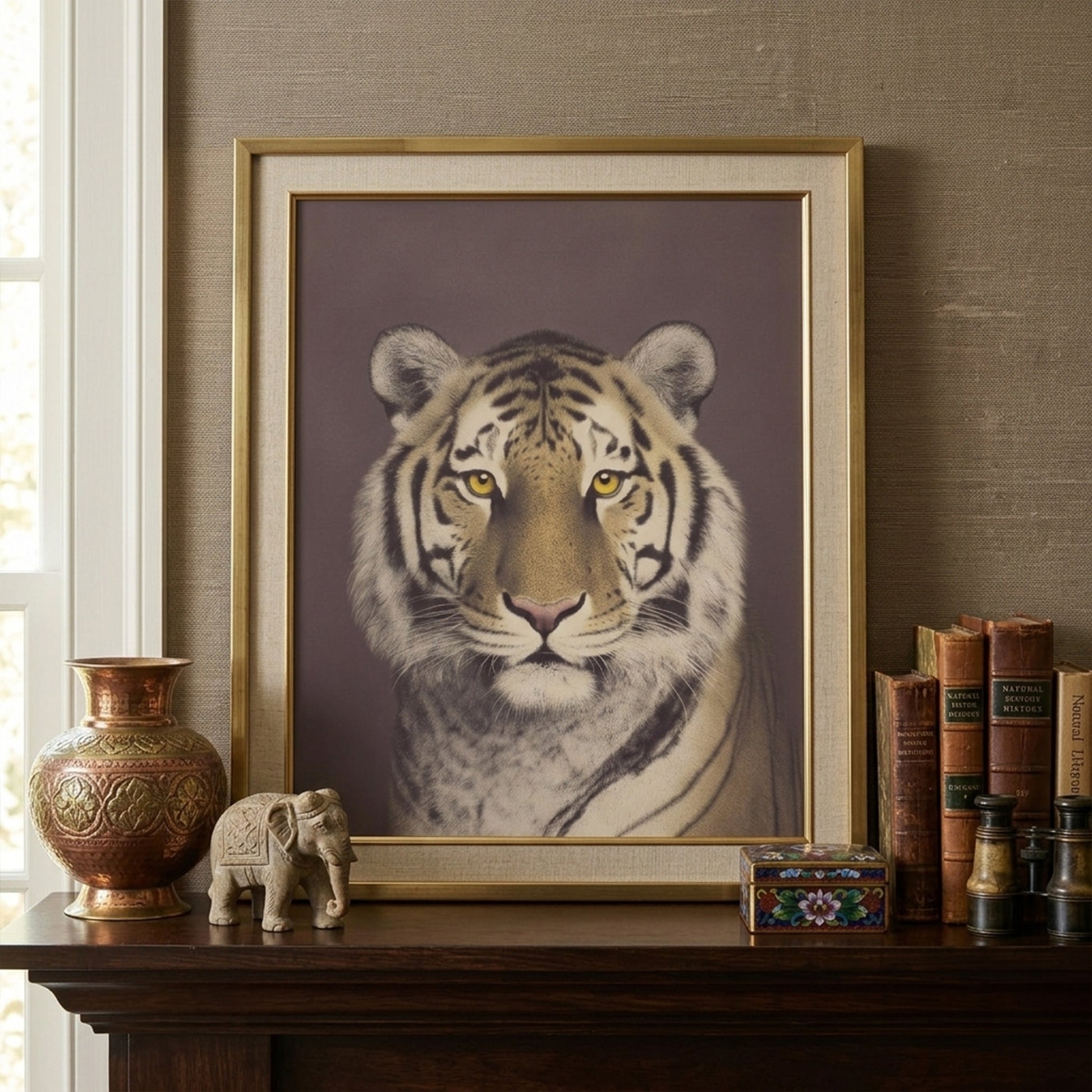 Malayan tiger portrait displayed above a mantle with books and decor accents. The framed wildlife print shows a centred tiger face with bold stripes and soft fur detail against a warm brown background. Vintage style animal wall art creates a strong focal point for living room or study interiors with neutral colour schemes.