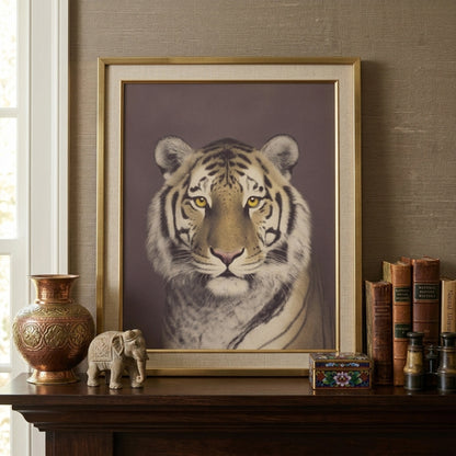 Malayan tiger portrait displayed above a mantle with books and decor accents. The framed wildlife print shows a centred tiger face with bold stripes and soft fur detail against a warm brown background. Vintage style animal wall art creates a strong focal point for living room or study interiors with neutral colour schemes.